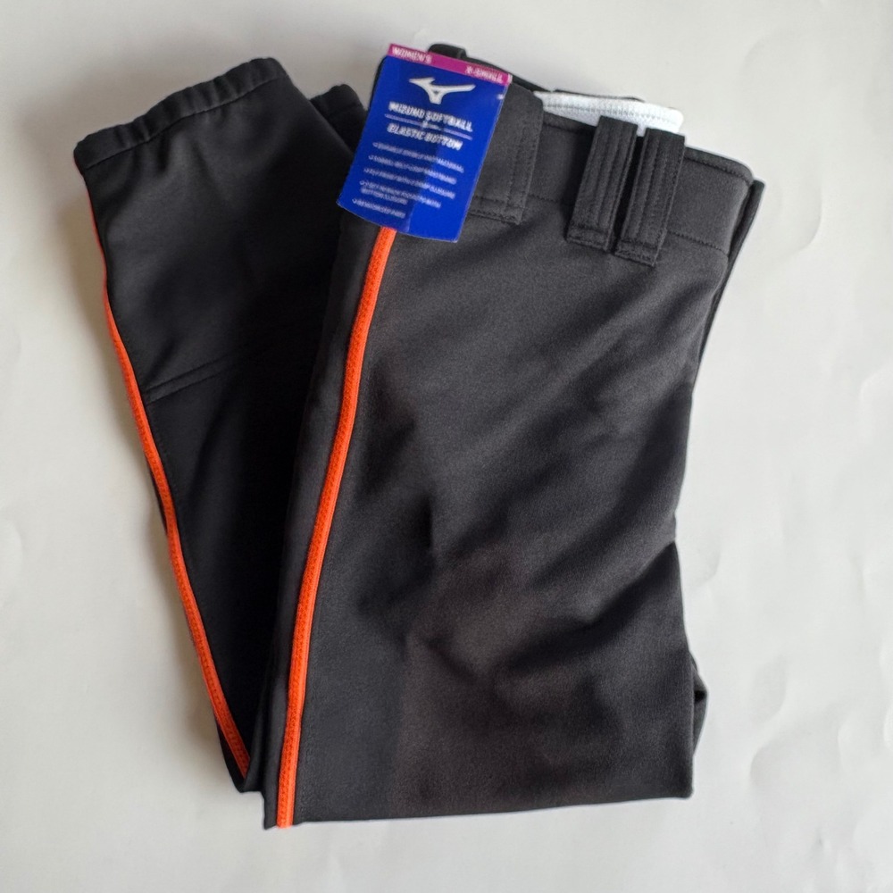 Mizuno Softball Pants Womens XS Black Orange Stripe Elastic Bottom Double Knit